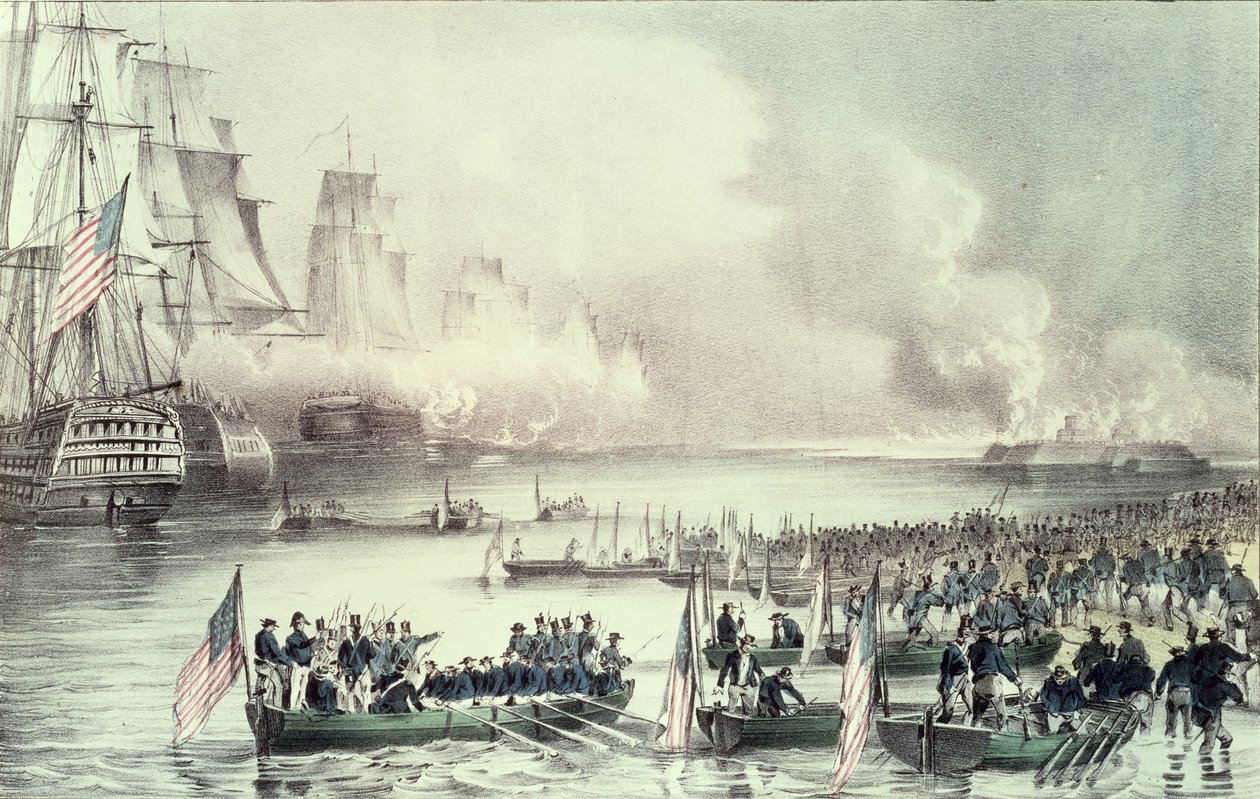 Landgang af den amerikanske styrke ved Vera Cruz under general Scott, marts 1847 af N. and Ives, J.M. Currier