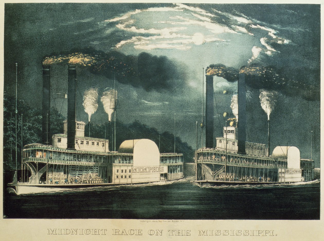 Midnatsløb på Mississippi, 1875 af N. and Ives, J.M. Currier