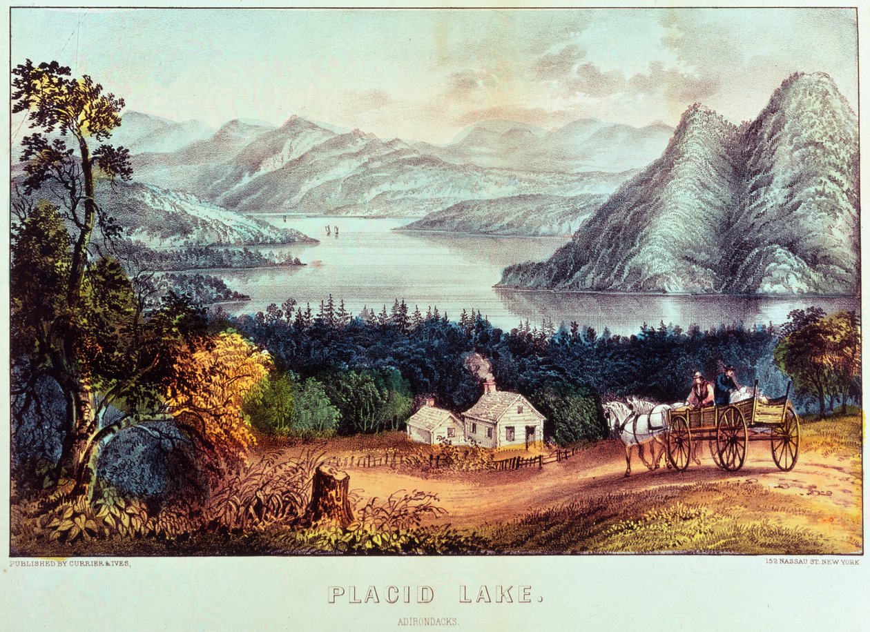 Placid Lake, Adirondacks af N. and Ives, J.M. Currier