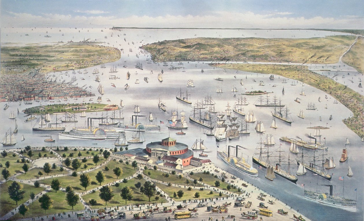 Havn i New York, kigger mod syd, ca. 1880 af N. and Ives, J.M. Currier