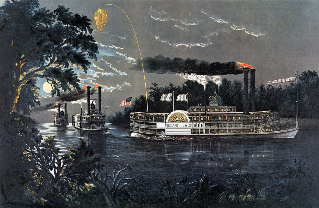 RL 27835 Rounding a Bend på Mississippi Steamboat Queen of the West af N. and Ives, J.M. Currier