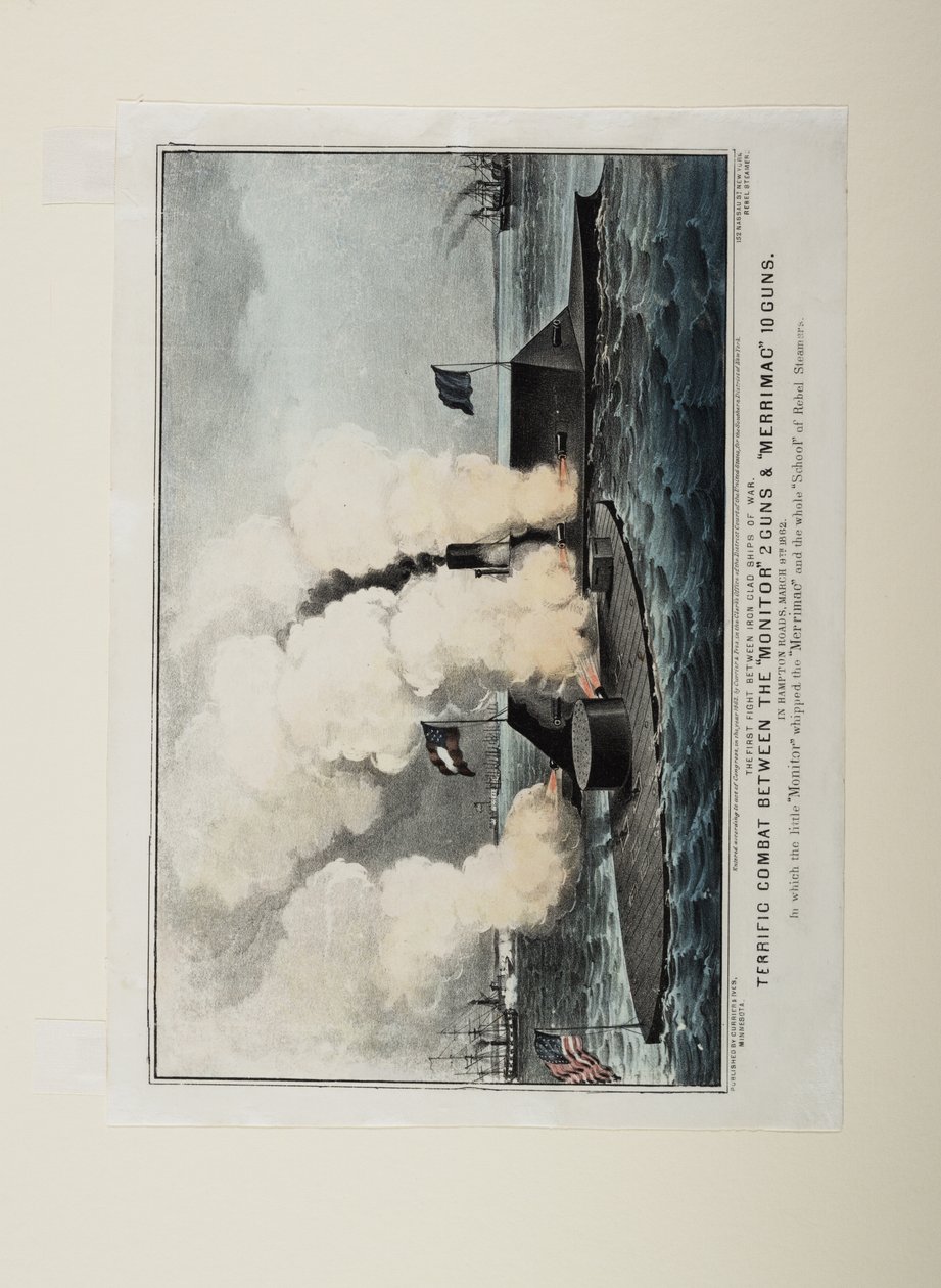 Fantastisk kamp mellem Monitor to kanoner og Merrimac ti kanoner, ca.1862 af N. and Ives, J.M. Currier