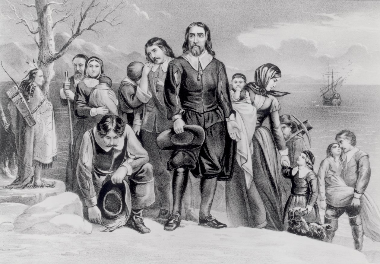 Pilgrimmenes landgang i Plymouth, Massachusetts. Dec. 22nd, 1620, pub. 1876 af N. and Ives, J.M. Currier