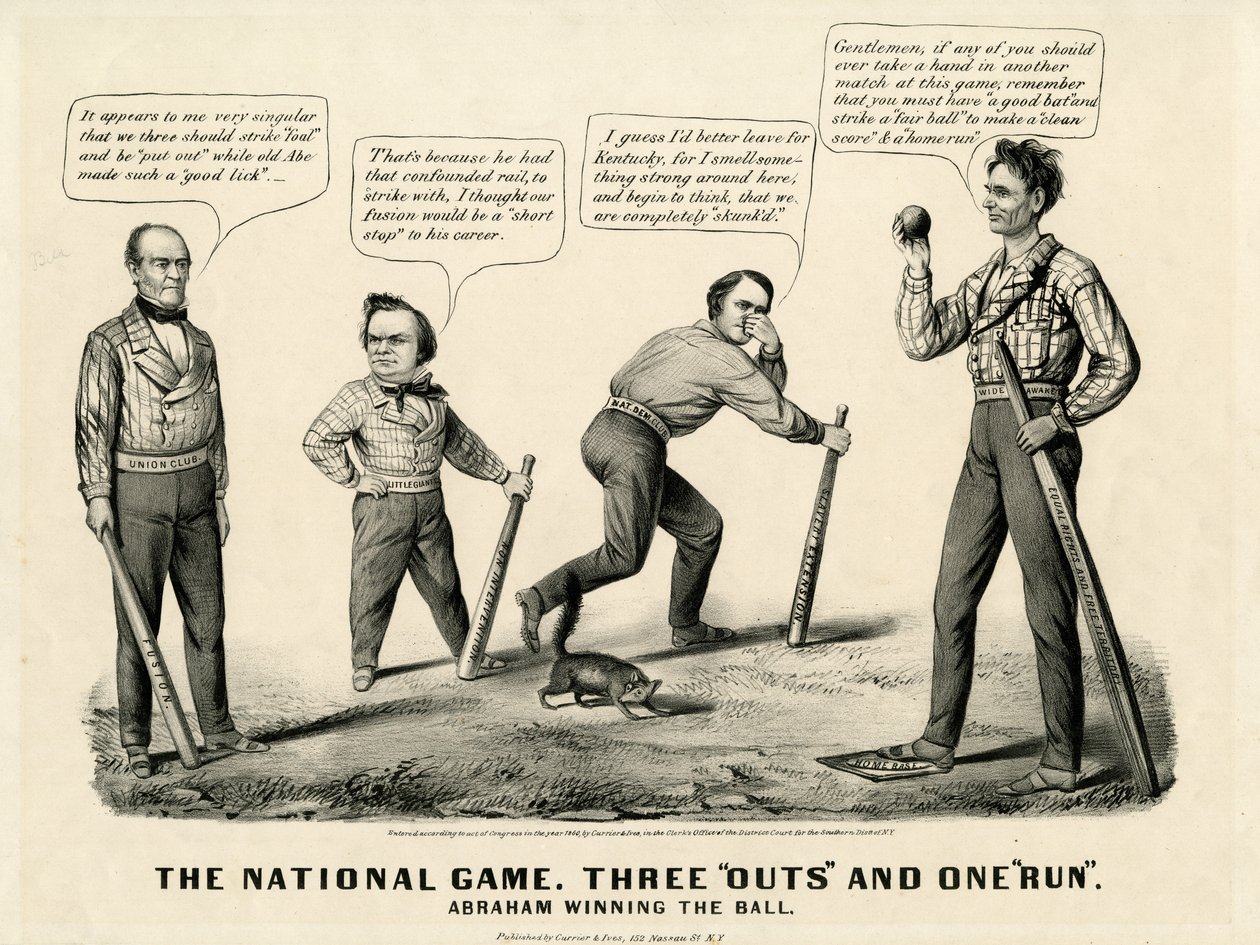 The National Game: Three Outs and One Run, Abraham vinder bolden, 1860 af N. and Ives, J.M. Currier