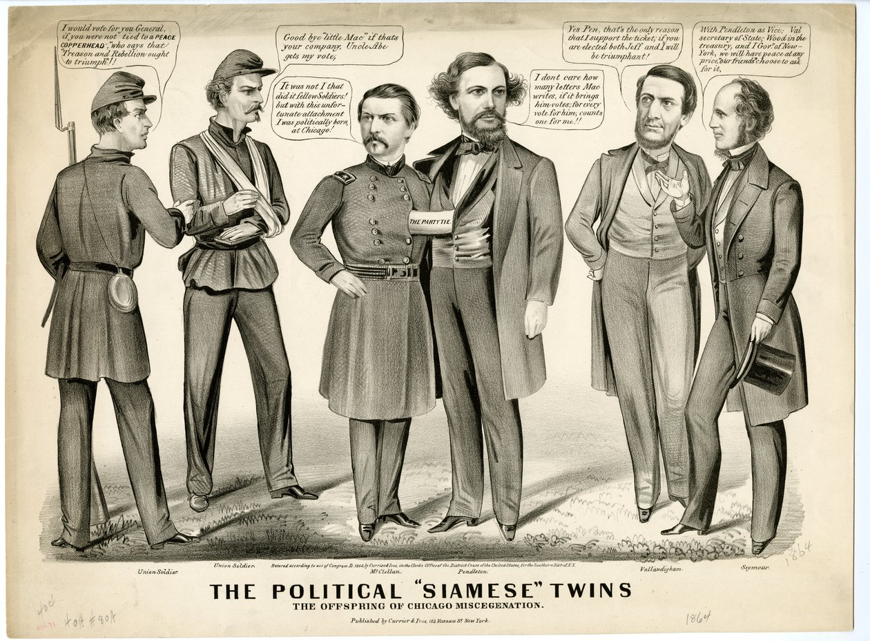 De politiske siamesiske tvillinger, afkommet af Chicagos blandingsdannelse, 1864 af N. and Ives, J.M. Currier