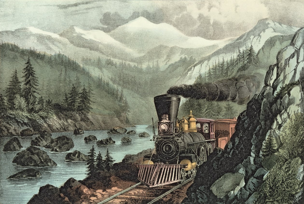 Ruten til Californien. Truckee River, Sierra Nevada. Central Pacific jernbane, 1871 af N. and Ives, J.M. Currier