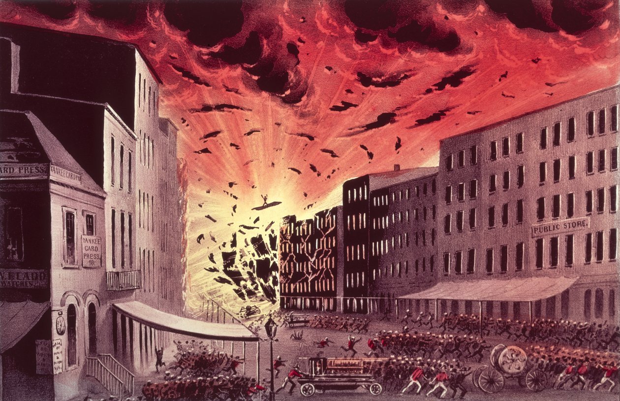 Udsigt over den forrygende eksplosion ved den store brand i New York, 19. juli 1845, (print) af N. and Ives, J.M. Currier