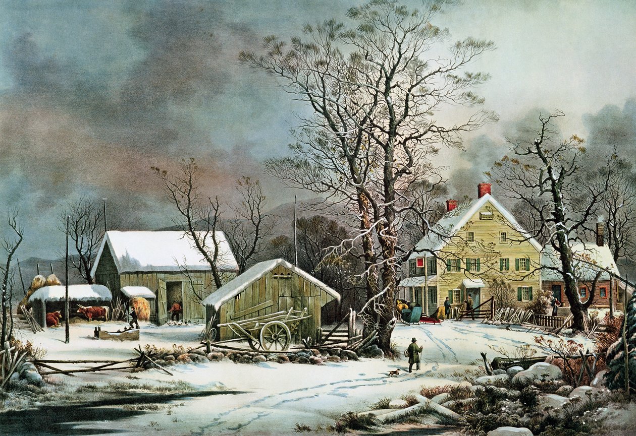 Vinter på landet - En kold morgen, New England af N. and Ives, J.M. Currier