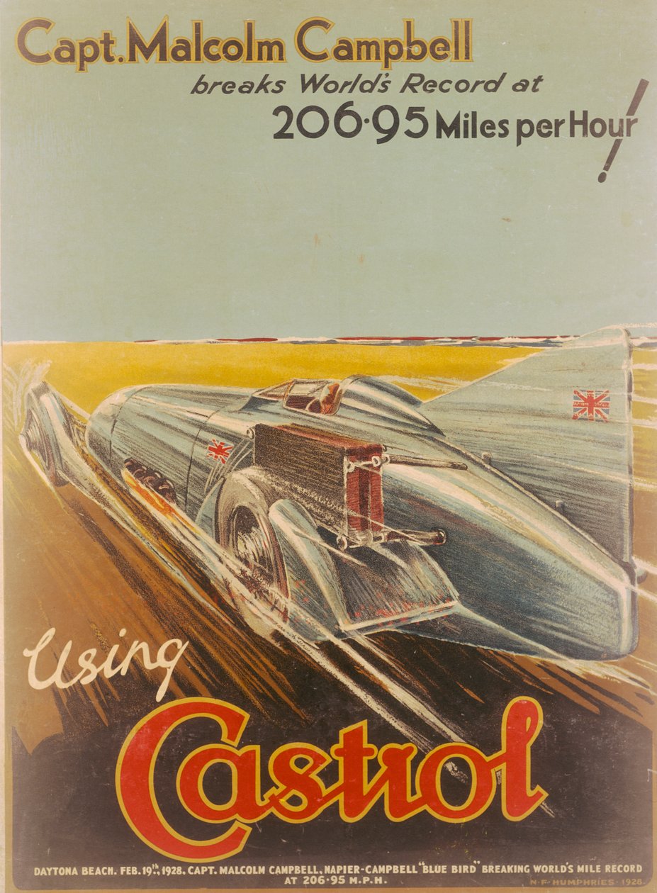 Plakat, der reklamerer for Castrol, med Bluebird, 1928 af NF Humphries