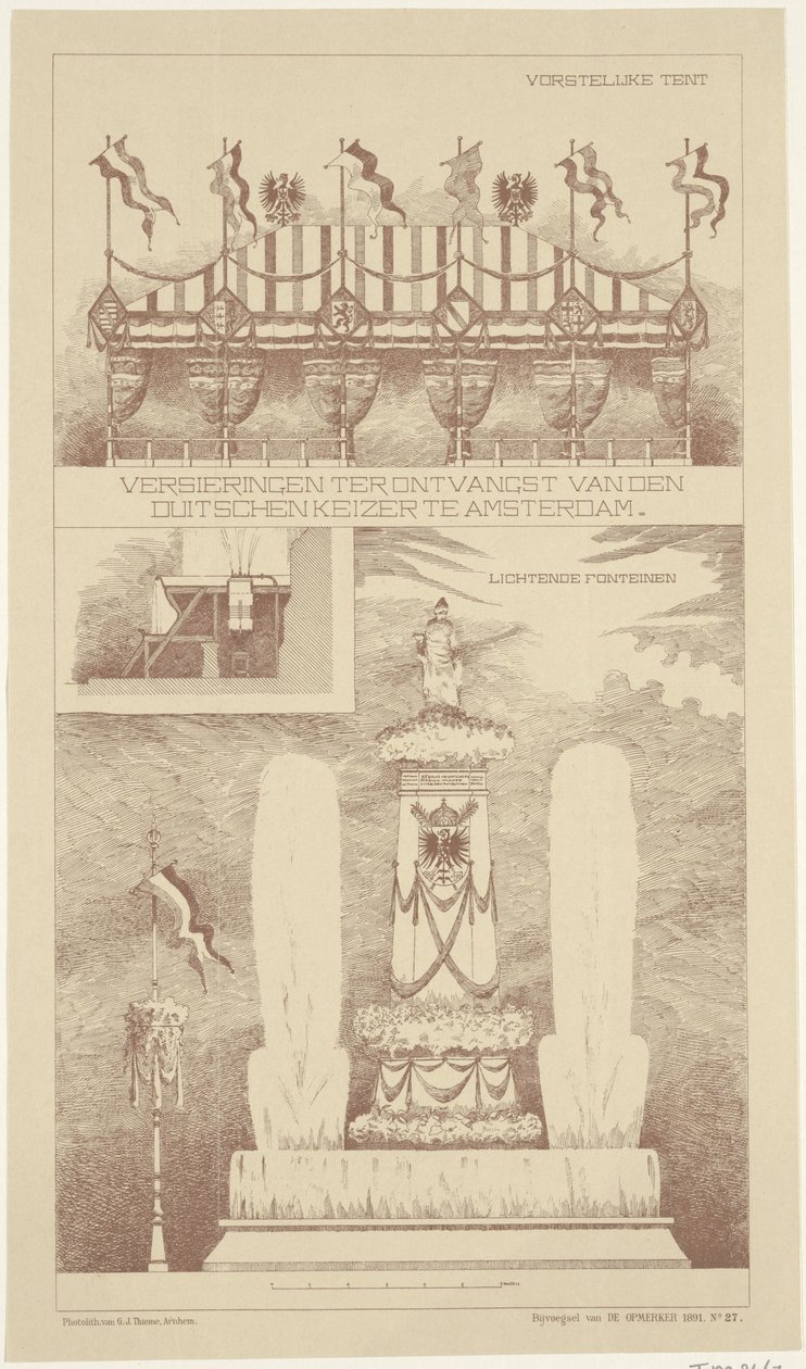 Dekorationer under den tyske kejsers besøg i Amsterdam, 1891 Dekorationer til modtagelse af den tyske kejser i Amsterdam (titel på objekt) af NV Drukkerij G.J. Thieme