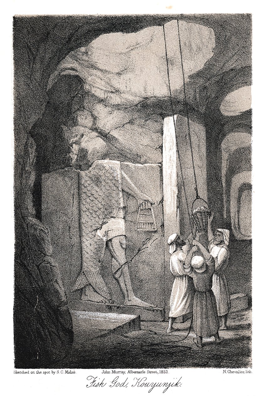Udgravning af en lavreliefudskæring af fiskeguden Dagon, Nineve, 1853 af N. Chevalier
