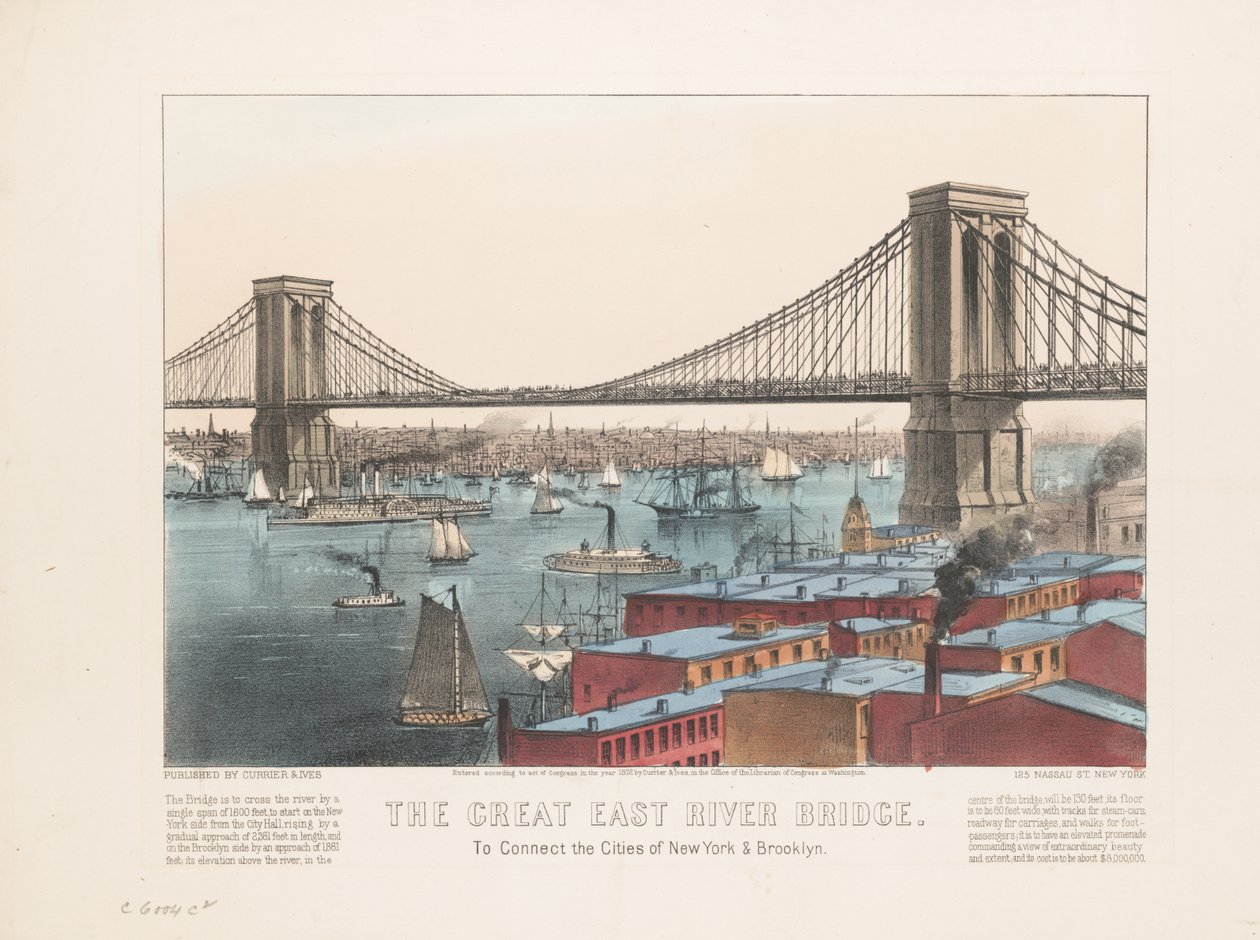 Den store East River-bro: til at forbinde byerne New York og Brooklyn, ca. 1872 af Nathaniel Currier