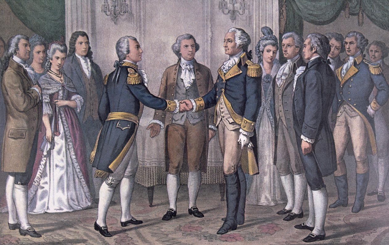 Det første møde mellem general George Washington (1732-99) og markis de La Fayette (1757-1834) Philadelphia, 3. august 1777, udgivet i 1876 (farvelitografi) af N. and Ives J.M. (after) Currier