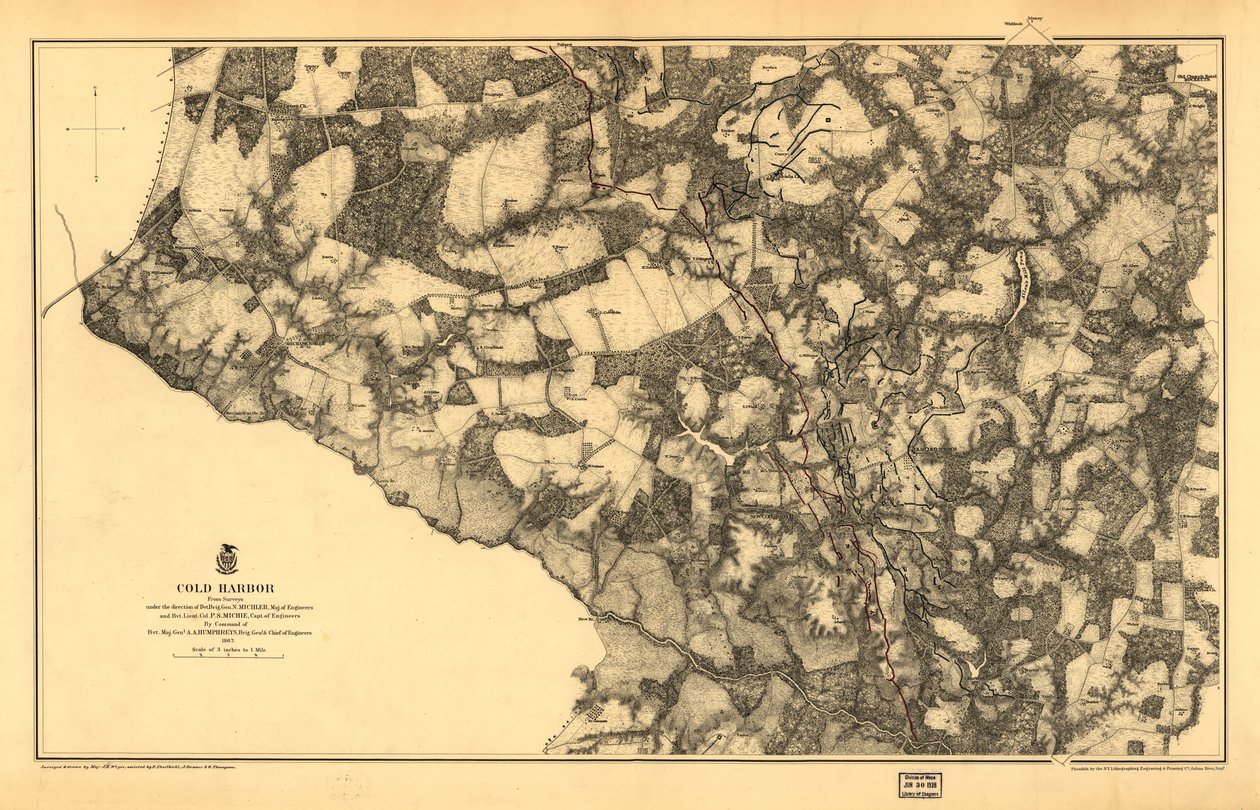 21.120. LC Civil War Maps (2. udgave), 531.3 I dette nummer er kortet trykt på en gul baggrund med Chickahominy-floden farvet grøn. Viser veje, Virginia Central R. R., huse, hegn, navne på indbyggere, vegetation, dræning og relief af ha af N. Michler