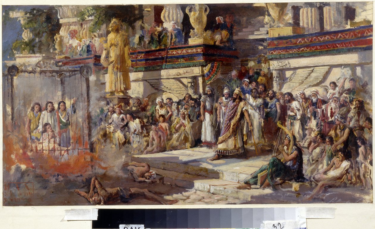 De tre unge mænd i den brændende ovn, 1879 (olie på karton) af N. T. Malyshev