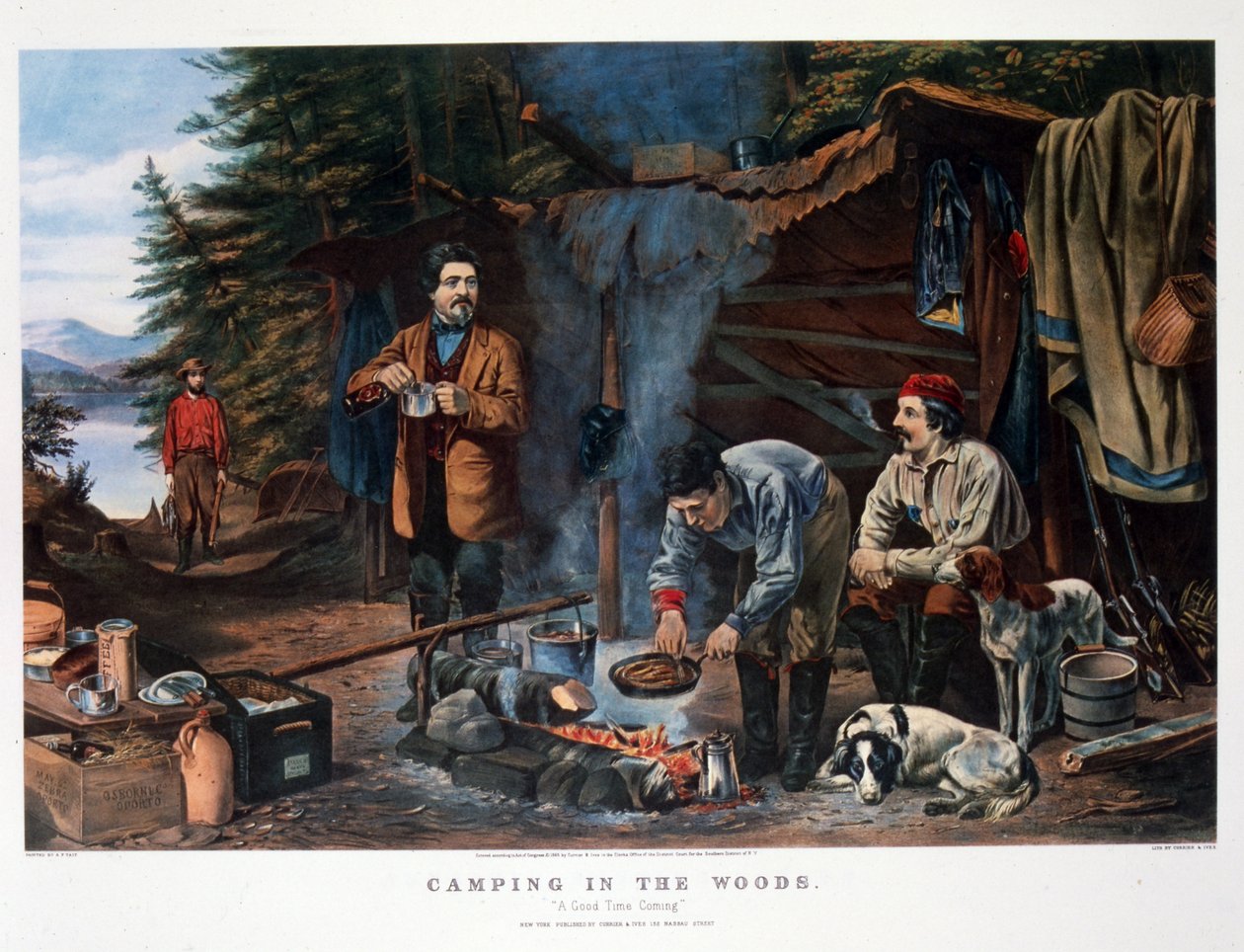 Camping i skoven "A Good Time Coming". Af Arthur Tait (Currier  Ives) af N. and Ives J.M. (1824 95) Currier