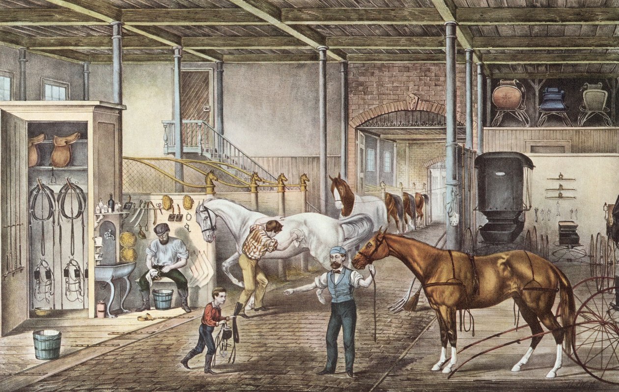 Modelstald, hvor drenge og hestepassere virkelig tager sig af hestene, kobberstik fra bogen "America" af Currier og Yves 1870 af N. and Ives J.M. (1824 95) Currier