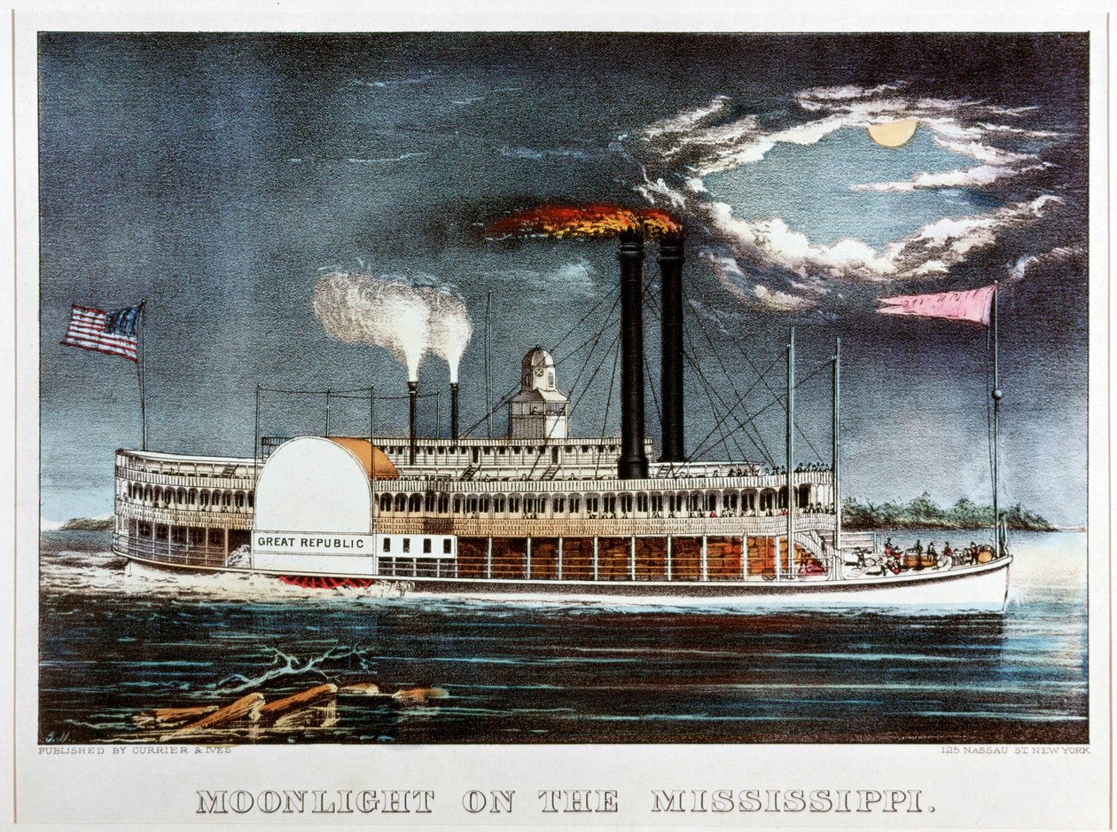 Måneskin på Mississippi, dampskibet Great Republic ... (farvetryk) af N. and Ives J.M. (1824-95) Currier
