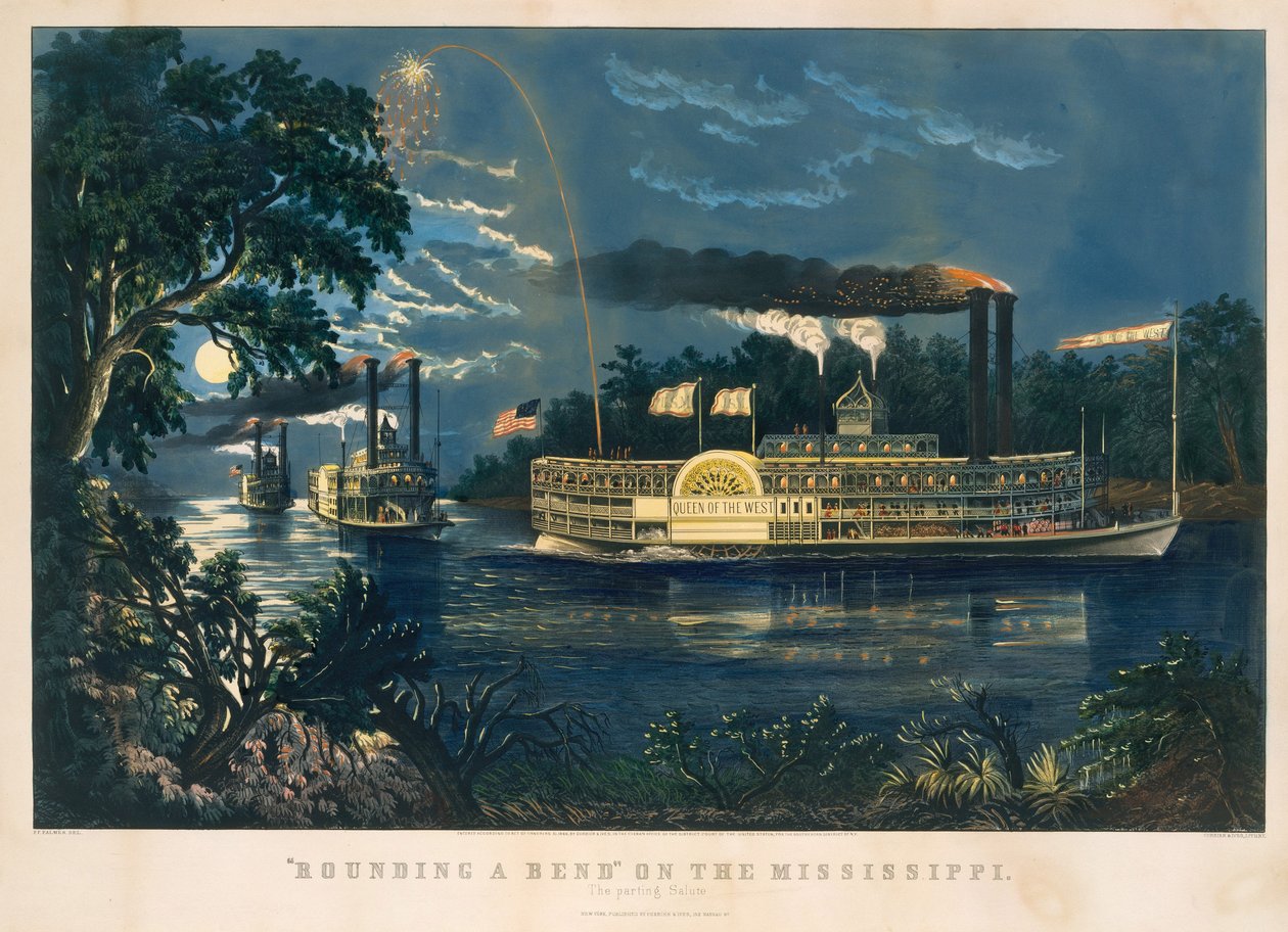 "Rounding a Bend" på Mississippi - afskedshilsen af Currier and Ives
