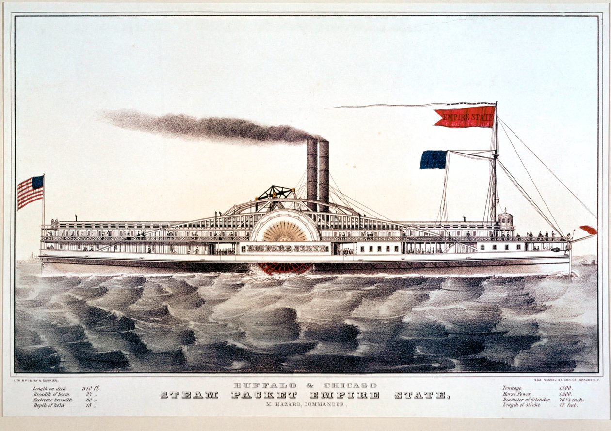 Dampskibet Empire State, der forbinder Buffalo og Chicago ... (farvetryk) af N. and Ives J.M. (1824-95) Currier