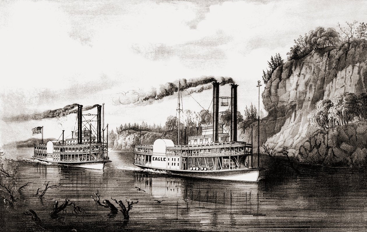 Dampbåde kapsejlads på Mississippi-floden, USA. af N. and Ives J.M. Currier