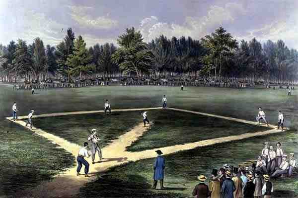 The American National Game of Baseball, Grand Match For The Championship på The Elysian Fields, Hoboken, N.J. 1866 (farve litho) af Currier and Ives