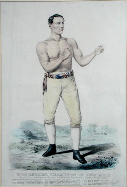 Tom Sayers (1826-65) Champion of England, udgivet 1860 (farve litho) af Currier and Ives