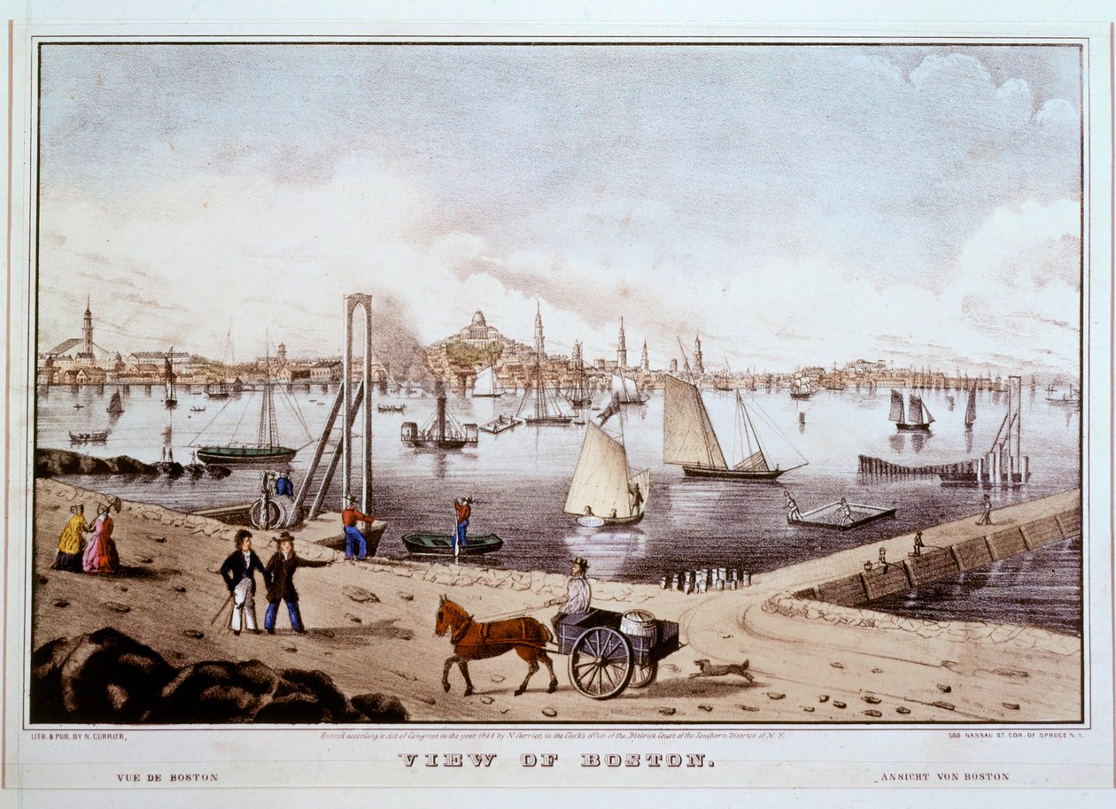 Udsigt over Boston med Bostons havn ... (farvetryk) af N. and Ives J.M. (1824-95) Currier