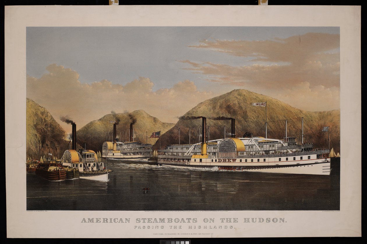 Amerikanske dampskibe på Hudson. Passerer højlandet. Drew, St John og Excelsior af N. and Ives J.M. (1824 95) Currier