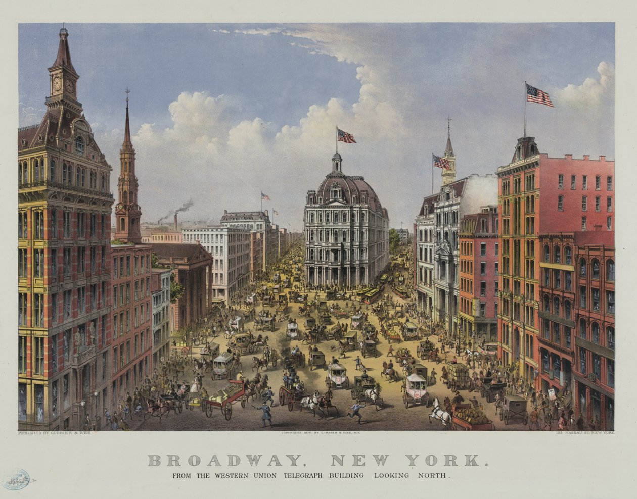 Broadway, New York fra Western Unions telegrafbygning ser mod nord af Currier and Ives