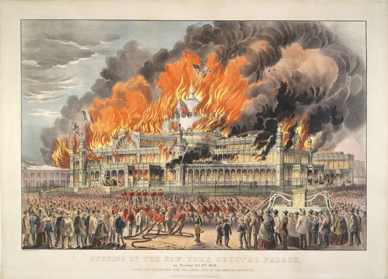 Afbrænding af New York Crystal Palace tirsdag den 5. oktober 1858 (farvelitografi)   Farvet litografi af Currier and Ives