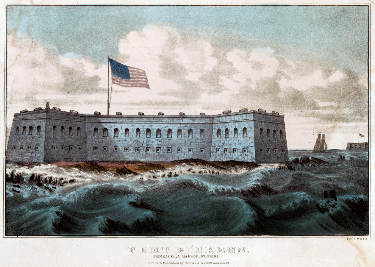Fort Pickens: Pensacola Harbor, Florida, ca. 1860 (farvelitografi) af Currier and Ives