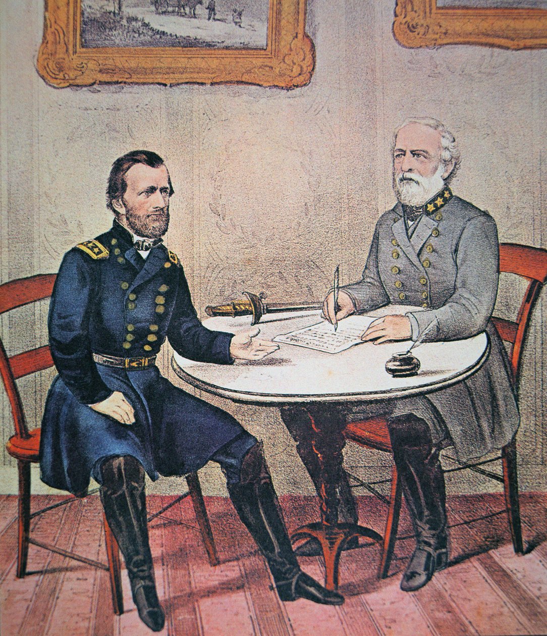 General Robert E. Lee (1807-70) overgiver sig til general Ulysses S. Grant (1822-85) ved Appomattox Courthouse, 9. april 1865 (farve litho) af Currier and Ives