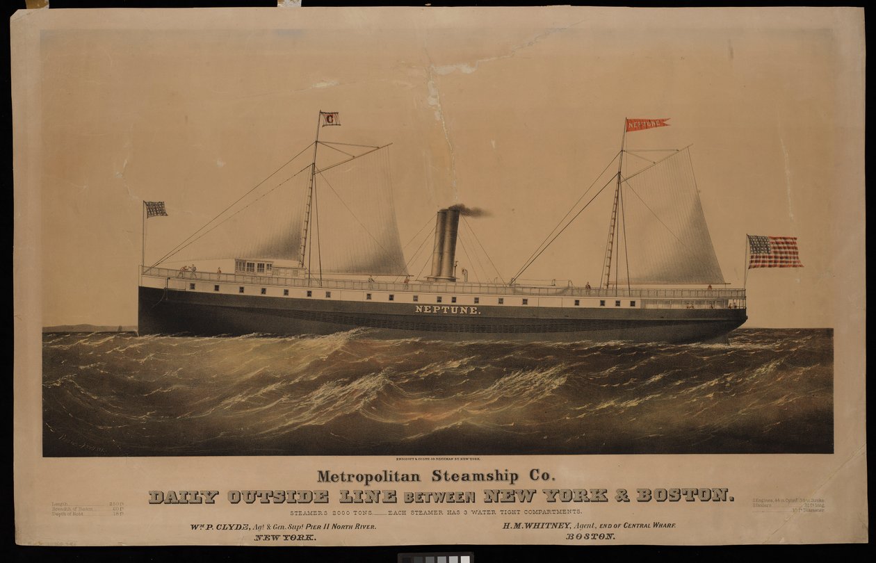 Metropolitan Steamship Co. daglig udendørslinje mellem New York  Boston... Neptun (litografi, farvelagt) af N. and Ives J.M. (1824-95) Currier