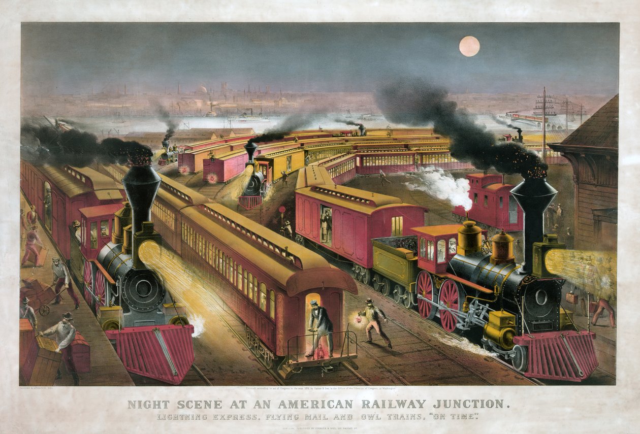 Nattescene ved et amerikansk jernbanekryds af Currier & Ives af Currier and Ives