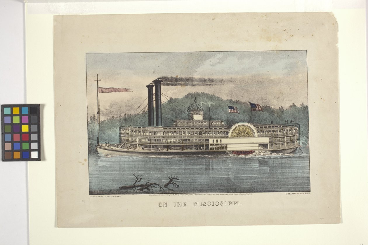 On The Mississippi (håndkoloreret litografi) af N. and Ives J.M. (1824 95) Currier