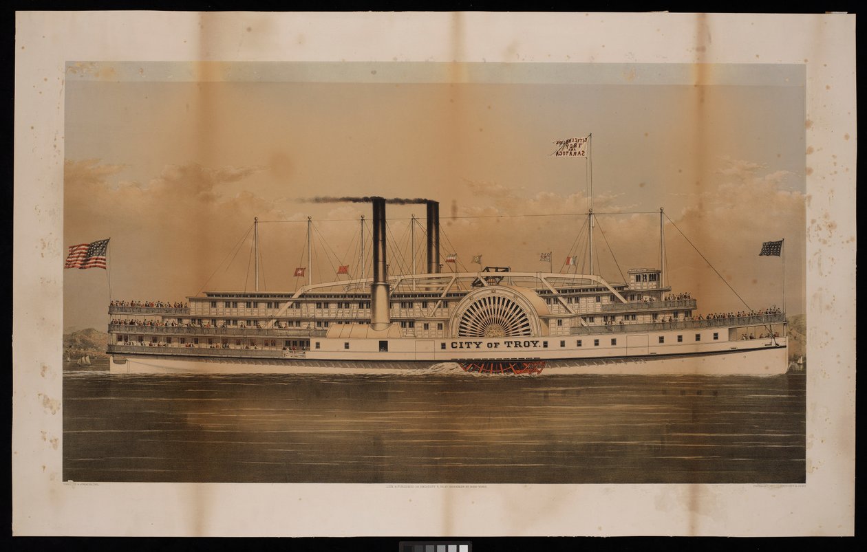 Hjuldamperen City of Troy Citizens Line Troy and Saratoga (litografi, farvelagt) af N. and Ives J.M. (1824 95) Currier