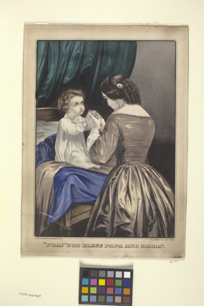 "Pray" God Bless Papa And Mama" (håndfarvet litografi) af N. and Ives J.M. (1824 95) Currier