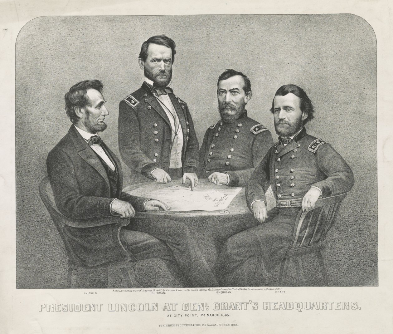 Præsident Lincoln ved Genl. Grants hovedkvarter, ca. 1865 (litografi) af Currier and Ives