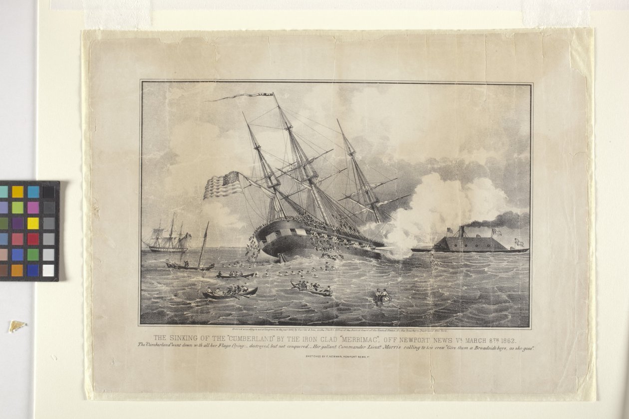 Sinking Of The Cumberland af The Ironclad "Merrimack" (litografi) af N. and Ives J.M. (1824 95) Currier