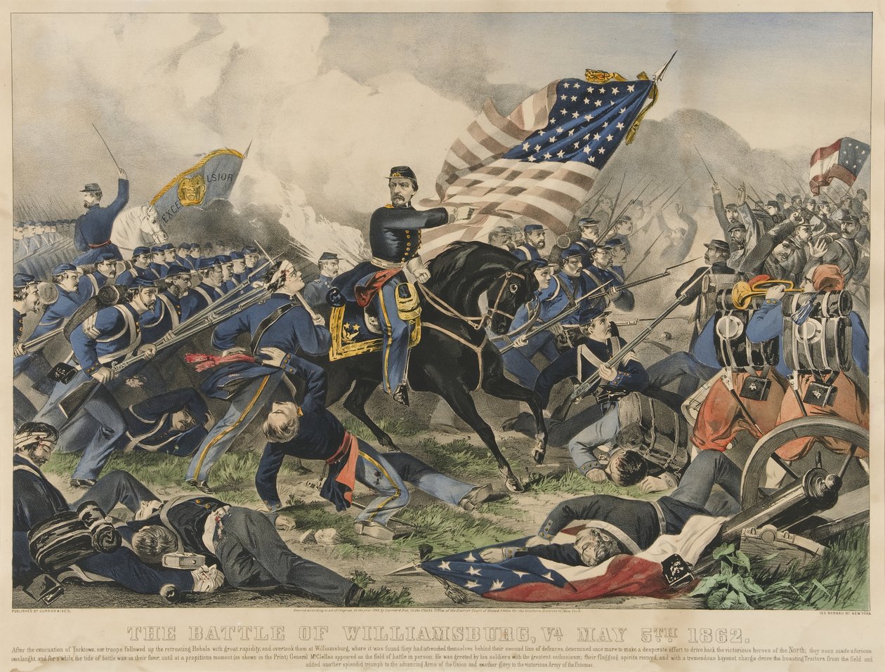 Slaget ved Williamsburg, Virginia den 5. maj 1862 (farvelitografi) af Currier and Ives