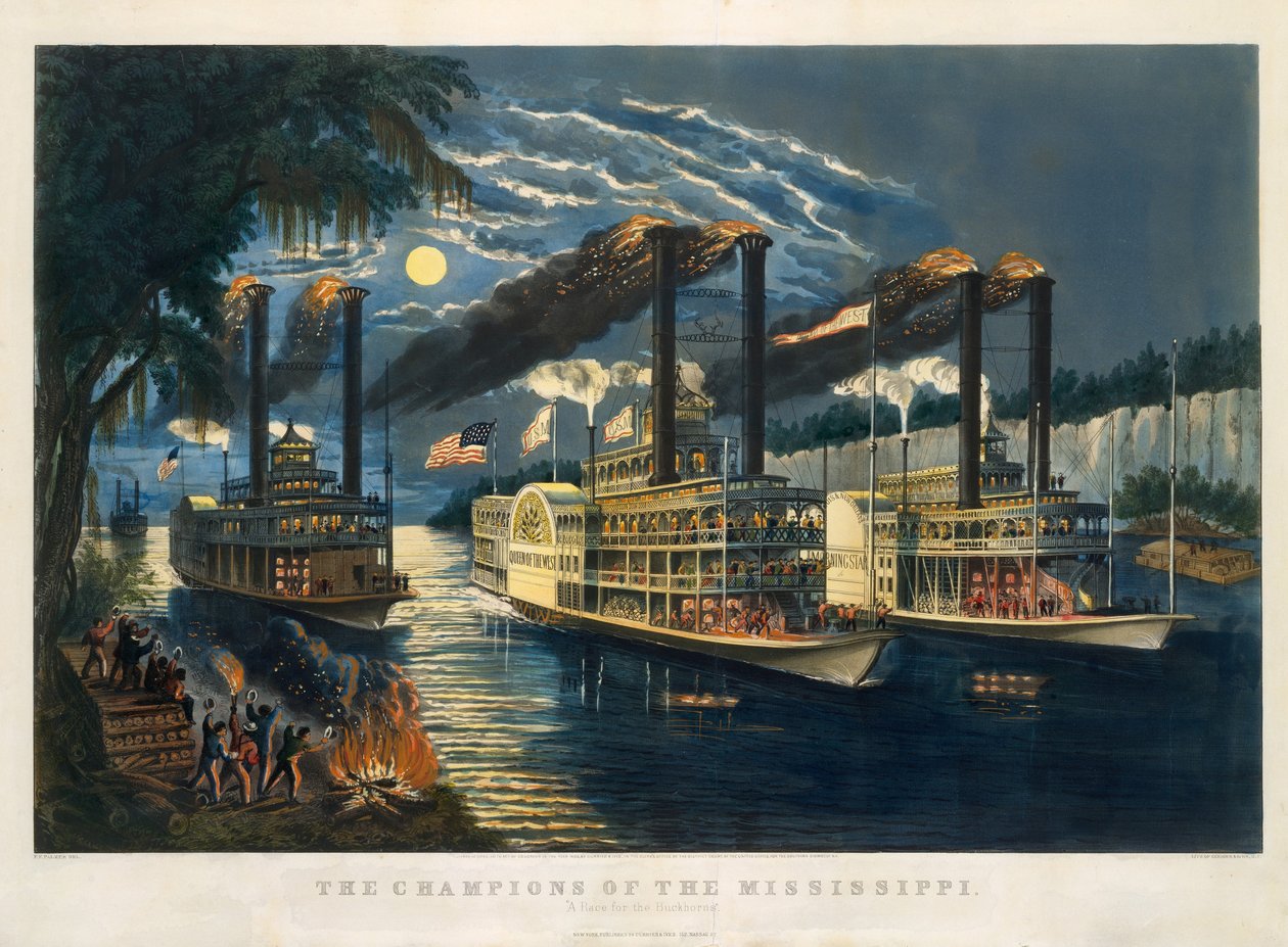 The Champions of the Mississippi – "A Race for the Buckhorns" af Currier and Ives