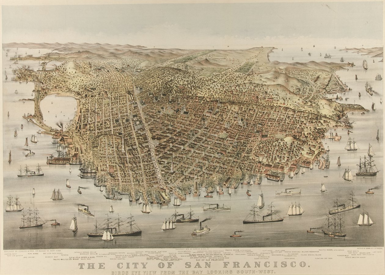The City of San Francisco - Fugleperspektiv fra bugten, med udsigt til sydvest af Currier and Ives