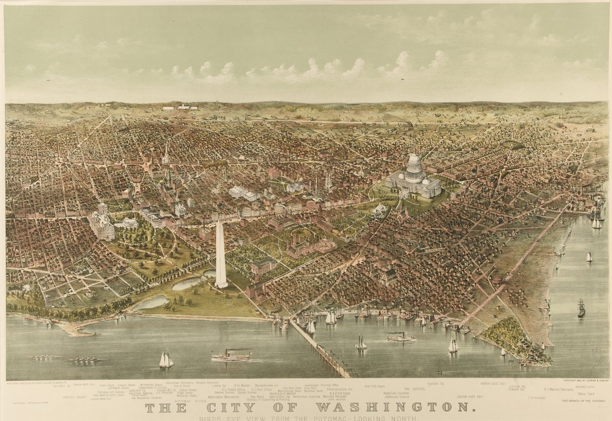 The City of Washington: Fugleperspektiv fra Potomac, der ser mod nord af Currier and Ives