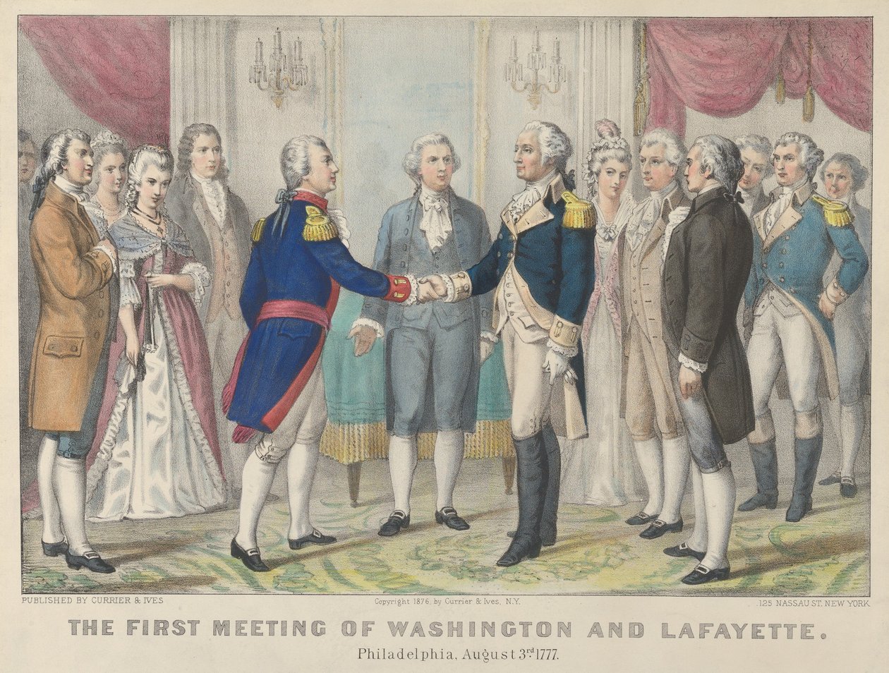 Det første møde mellem Washington og Lafayette i Philadelphia, 3. august 1777 af Currier and Ives