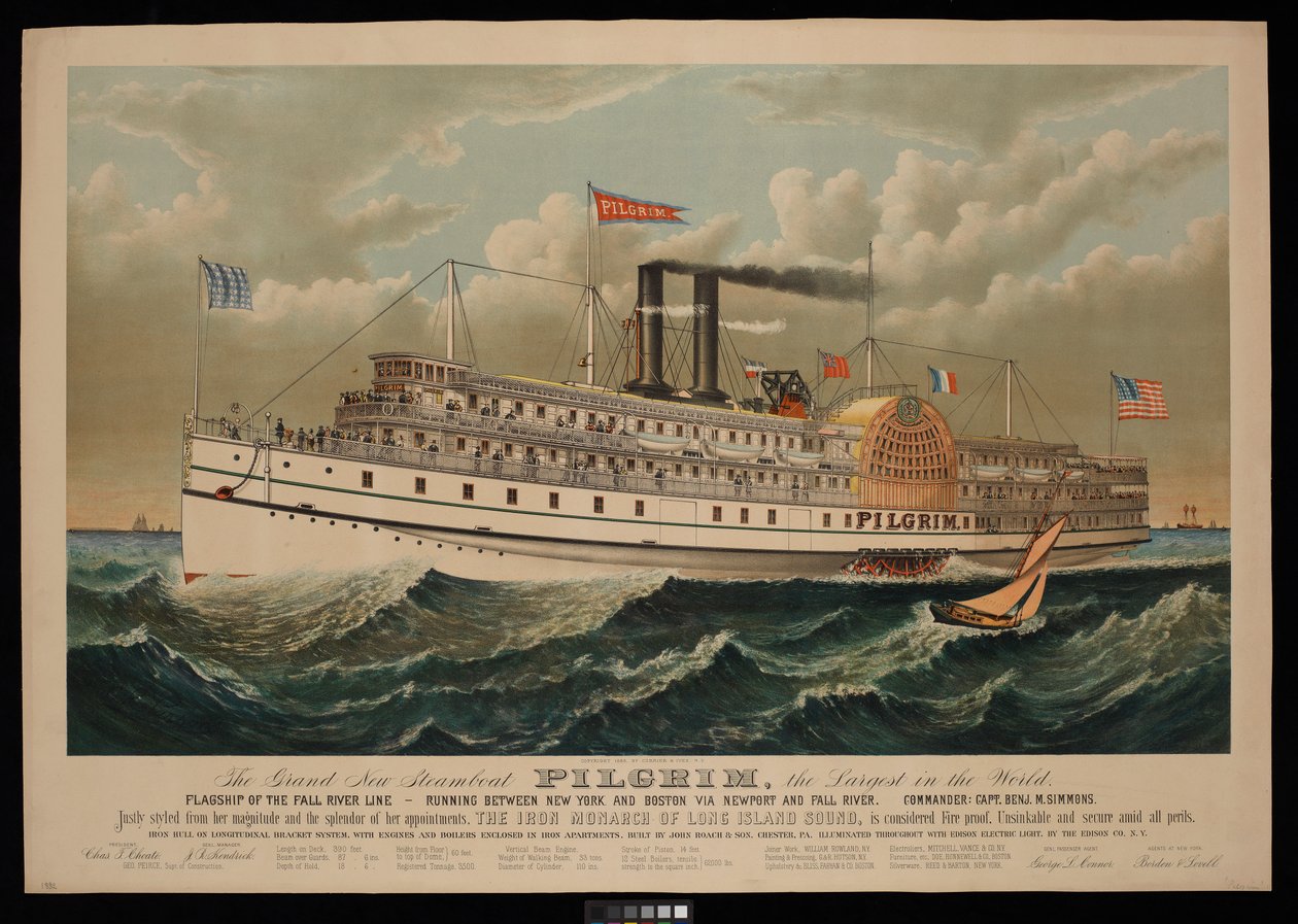 Den store nye dampbåd Pilgrim, den største i verden. Flagskib for Fall River Line - der sejler mellem New York og Boston via Newport og Fall River af N. and Ives J.M. (1824 95) Currier