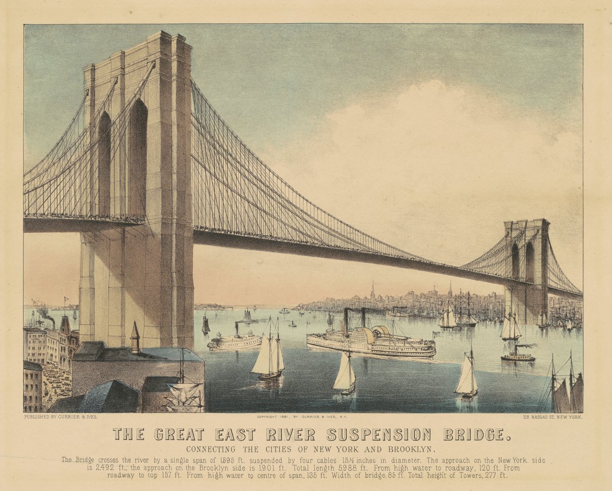 The Great East River Suspension Bridge, der forbinder byerne New York og Brooklyn af Currier and Ives