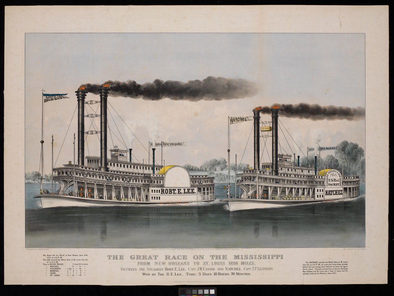 Det store kapløb på Mississippi fra New Orleans til St. Louis 1210 miles. Mellem dampskibene Robt. E. Lee... og Natchez... Vundet af R.E. Lee af N. and Ives J.M. (1824 95) Currier