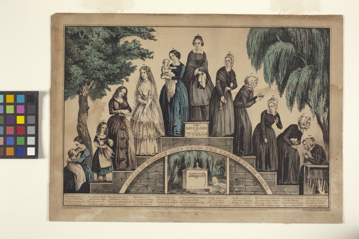 Kvindens liv og alder/stadier af kvindens liv fra vugge til grav (håndkoloreret litografi) af N. and Ives J.M. (1824 95) Currier
