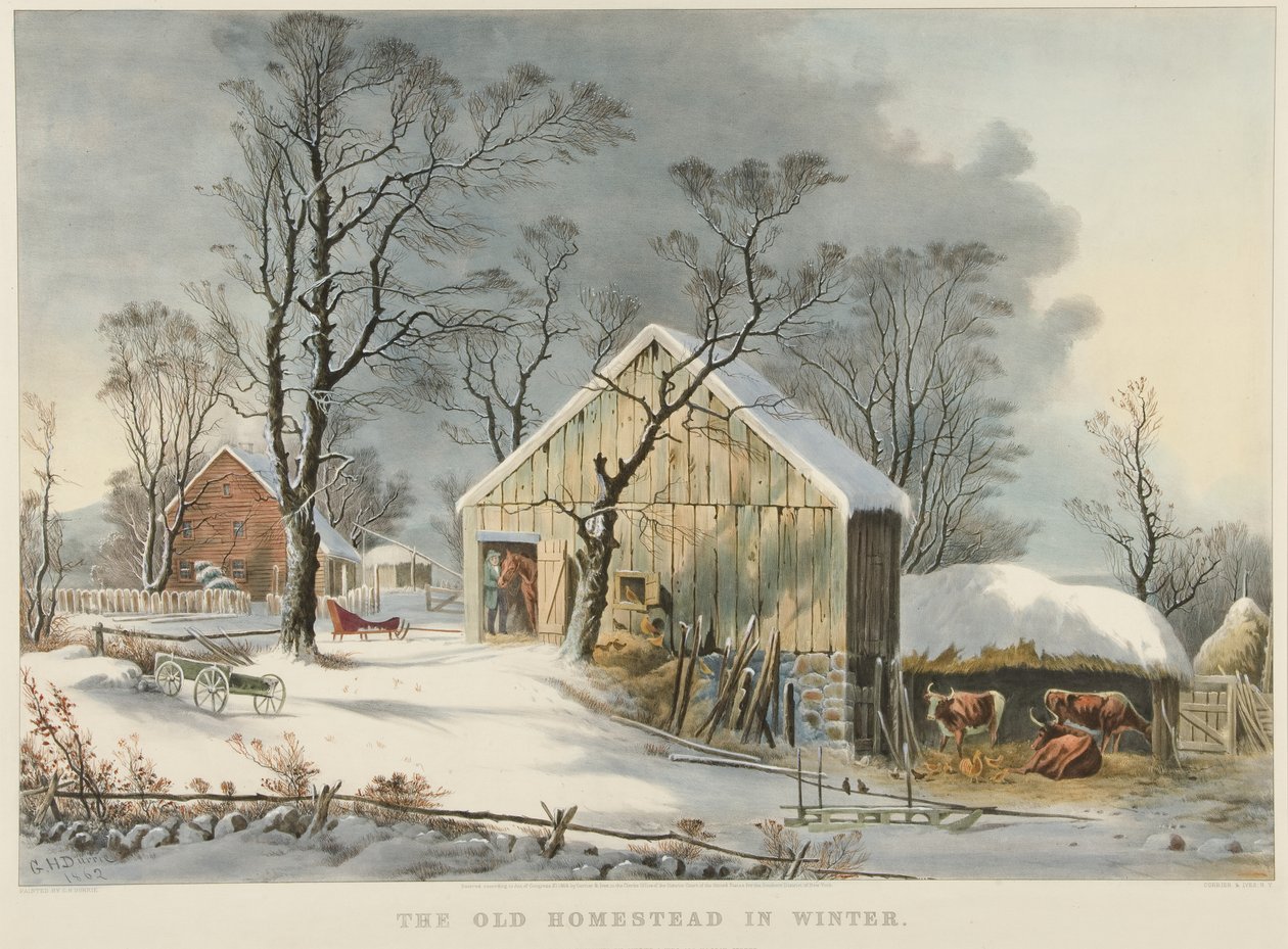 Den gamle gård om vinteren af Currier and Ives